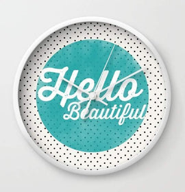 Hello Beautiful Teal Dots typography Wall clock