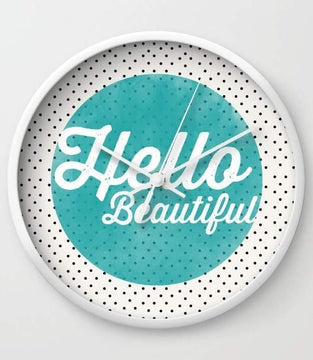 Hello Beautiful Teal Dots typography Wall clock
